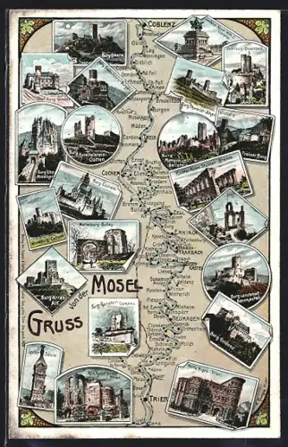 AK Trier, Karte des Flusses mit Burgen