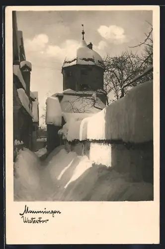 AK Memmingen, Blick auf das verschneite Westertor