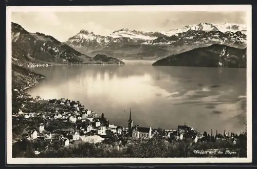 AK Weggis, Ortsansicht mit See und Alpen