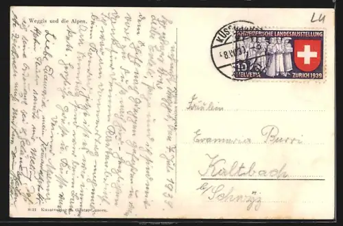 AK Weggis, Ortsansicht mit See und Alpen