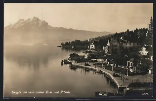 AK Weggis, Blick auf den Ort mit dem neuen Quai und dem Pilatus