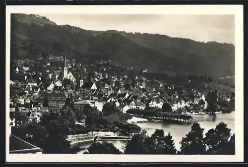 AK Zug, Panorama mit See und Kirche
