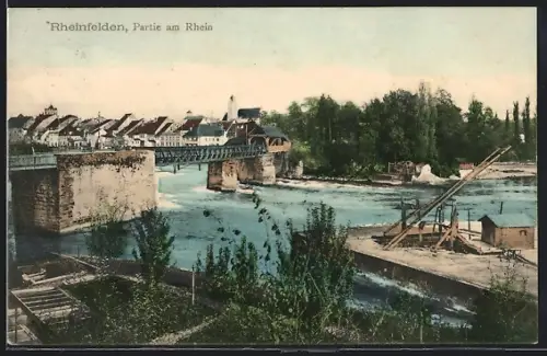 AK Rheinfelden, Partie am Rhein mit Brücke