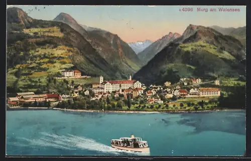 AK Murg am Walensee, Ortsansicht vom See aus mit Berghintergrund