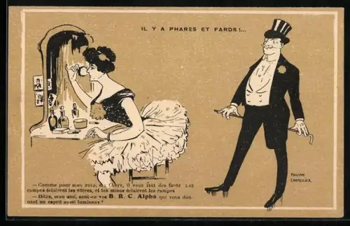 AK Frau sitzt am Schminktisch, Reklame für B. R. C. Alpha Gesichtspuder