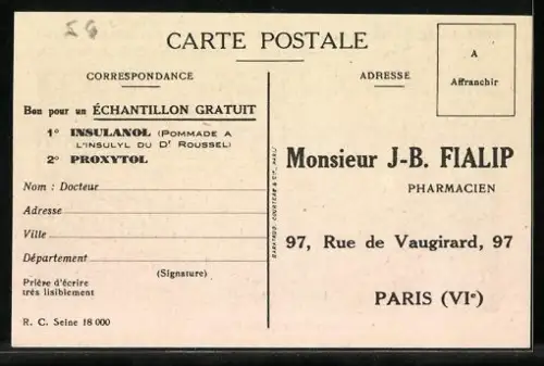 AK Reklame für Insulanol und Proxytol, Pharmacien J.-B. Fialip, Un Laboratoire