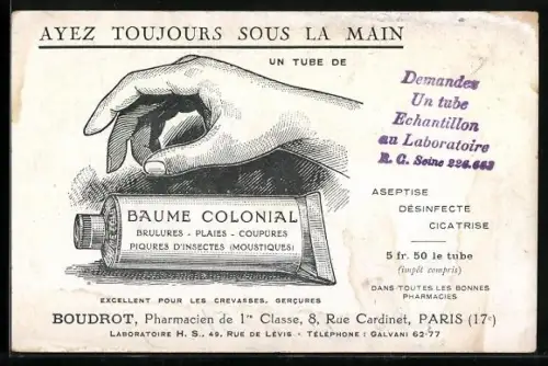 AK Baume Colonial, Boudrot Pharmacien, Reklame, Hand greift nach der Handcreme