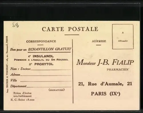 AK Reklame für Insulanol und Proxytol, Pharmacien J.-B. Fialip, Un Laboratoire