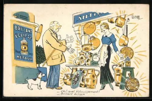 AK Brillant Eclipse pour tous Metaux, Reklame, Mann betrachtet die strahlenden Töpfe und Pfannen am Marktstand