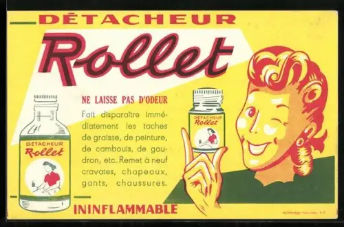AK Detacheur Rollet, Reklame für Fleckentferner, Frau hält das Produkt in der Hand