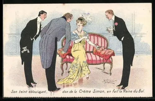 AK Drei Herren im Frack hofieren eine Dame, Werbung für Creme Simon