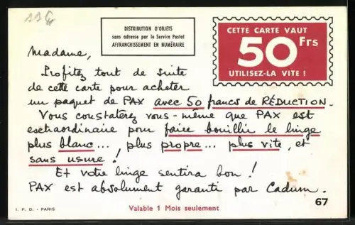 AK Reklame für Pax, 50 Frs de réduction sur l`achat d`un pacquet