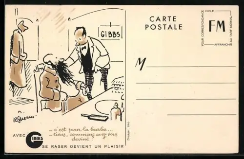 AK Reklame für Gibbs Rasiercreme, Mann mit Bart beim Friseur