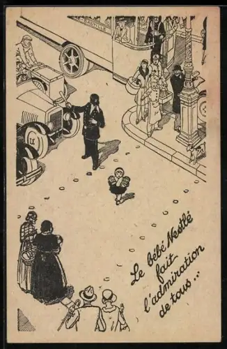AK Reklame für Nestle-Milchpulver, Kind überquert eine Strasse mit Nestle-Dosen im Arm