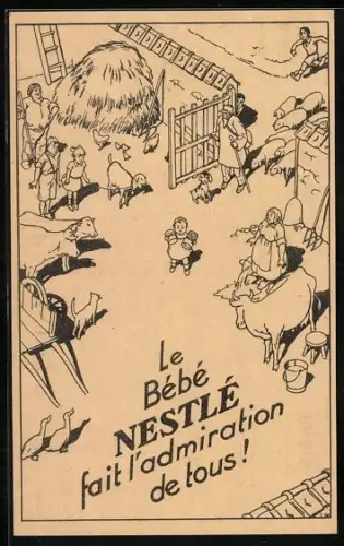 AK Reklame für Nestle-Milchpulver, Kleinkind steht mit Nestle-Dosen auf einem Bauernhof