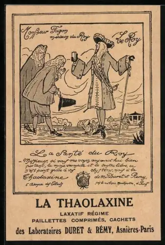 AK La Thaolaxine, Laxatif Régime, Reklame, Laboratoire Duret et Rémy, Mann überreicht dem König das Getränk