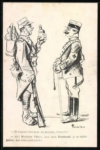 AK Soldat bringt seinem Vorgesetzten eine Flasche Urodonal, Reklame