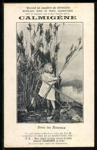 AK Calmigène contre Migraines, Maux de Dents, Rhumatismes, Reklame, Kind spielt im Schilf