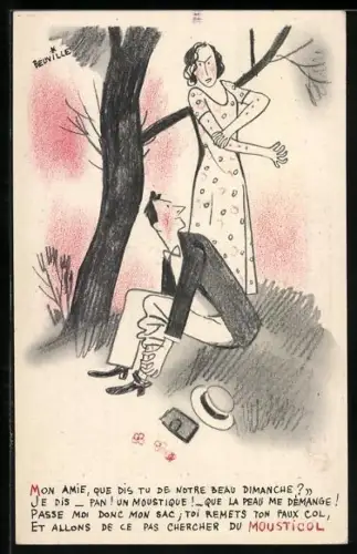 AK Reklame für Mousticol, Norex, Frau und Mann reiben sich juckend Arme und Beine