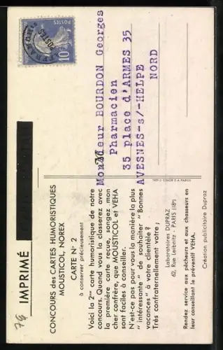 AK Reklame für Mousticol, Norex, Frau und Mann reiben sich juckend Arme und Beine