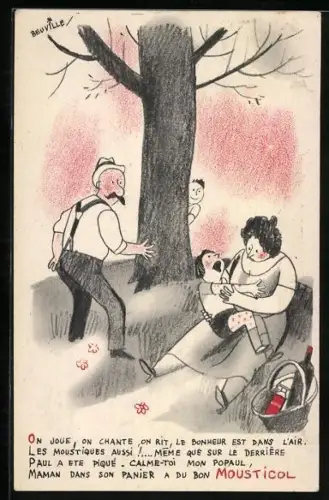 AK Reklame für Mousticol, Veha, Norex, Combustol, Kind leidet unter Pusteln an den Beinen