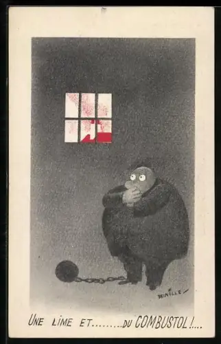 AK Reklame für Mousticol und Combustol, Dicker Mann mit Fussfessel im Gefängnis