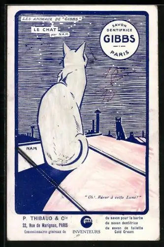 AK Reklame für Gibbs, Savon Dentifrice, Katzen sitzen nachts auf den Dächern der Stadt