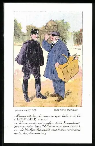 AK Reklame für Sinapisine Cartaz, Polizist auf der Strasse im Gespräch mit einem Bürger