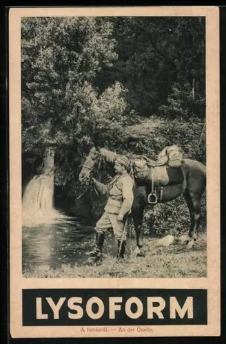 AK Lysoform, Reklame für Desinfektionsmittel, Soldat mit Pferd