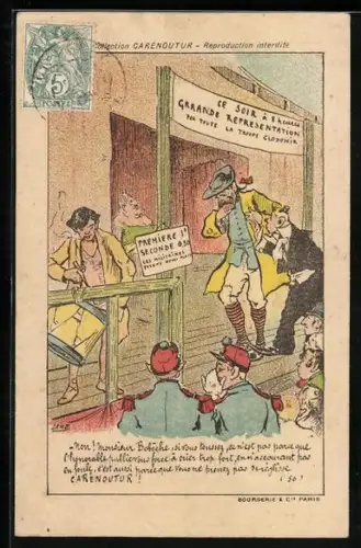 AK Carénoutur, Reklame, Soldaten stehen vor einer Bühne