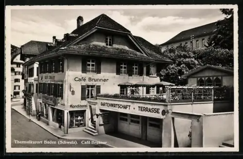 AK Baden, Cafe Brunner mit Strassenpartie