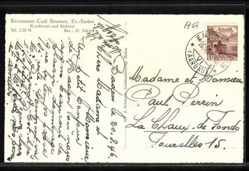 AK Baden, Cafe Brunner mit Strassenpartie