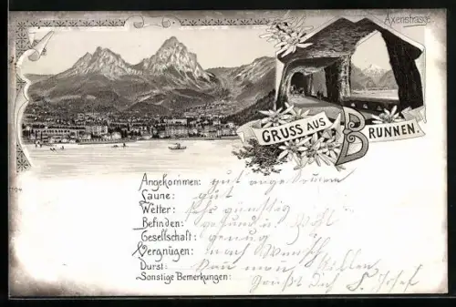 Lithographie Brunnen, Axenstrasse, Teilansicht