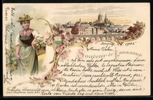 Lithographie Lausanne, Teilansicht, Frau in Tracht