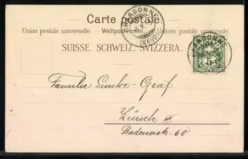 Lithographie Lausanne, Teilansicht, Frau in Tracht