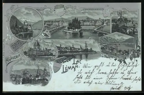 Mondschein-Lithographie Lausanne /Lac Léman, Panorama, Chillon, Evian