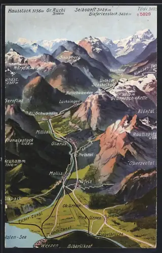 Künstler-AK Mollis, Ortsansicht mit Luchsingen und Näfels, Tödi, Biefertenstock und Selbsanft