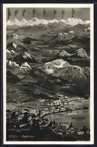 Künstler-AK Montreux, Château du Châtelard, Les Avants, Glion, Jungfrau, Mönch und Eiger