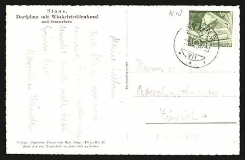 AK Stans, Dorfplatz mit Winkelrieddenkmal und Stanserhorn
