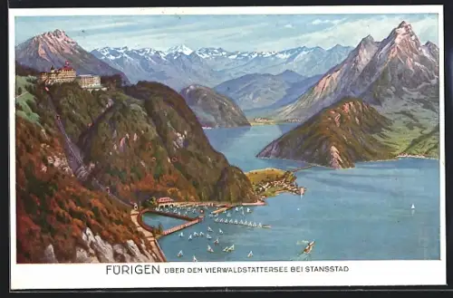 Künstler-AK Fürigen über dem Vierwaldstättersee, Panorama mit Hotel