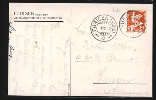 Künstler-AK Fürigen über dem Vierwaldstättersee, Panorama mit Hotel