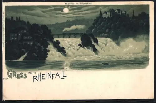 Lithographie Rheinfall, Ortsansicht vom Wasser aus, mit Bahnviadukt