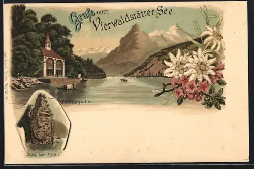 Lithographie Sisikon /Vierwaldstättersee, Tellskapelle, Schiller-Stein
