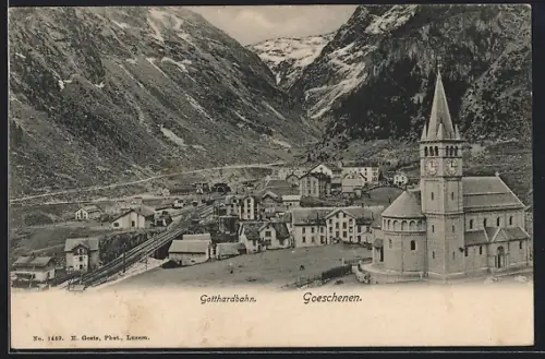 AK Goeschenen, Ortsansicht mit Gotthardbahn