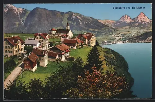 AK Seelisberg, Strassenpartie mit Kirche und den Mythen