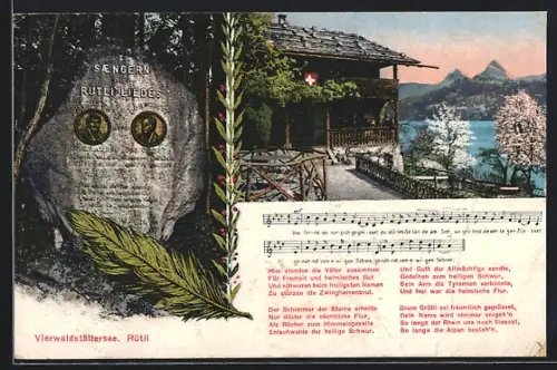 AK Rütli, Sänger des Rütli-Liedes-Denkmal und Unterkunftshaus am Vierwaldstättersee