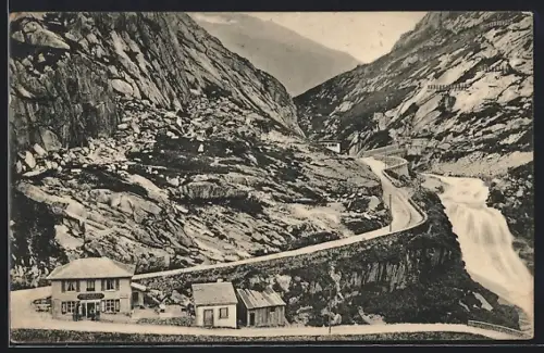 AK Schöllenen /Gotthardstrasse, Restaurant Teufelsbrücke, Wasserfall der Reuss und Festungseingang