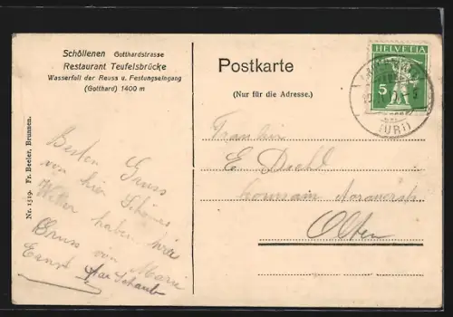 AK Schöllenen /Gotthardstrasse, Restaurant Teufelsbrücke, Wasserfall der Reuss und Festungseingang