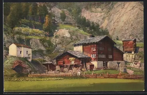 AK Saas-Grund, Ortspartie mit Bäumen