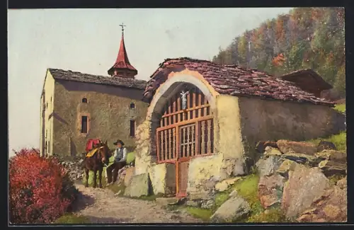 AK St. Anton, Ortspartie mit Mann und Maultier